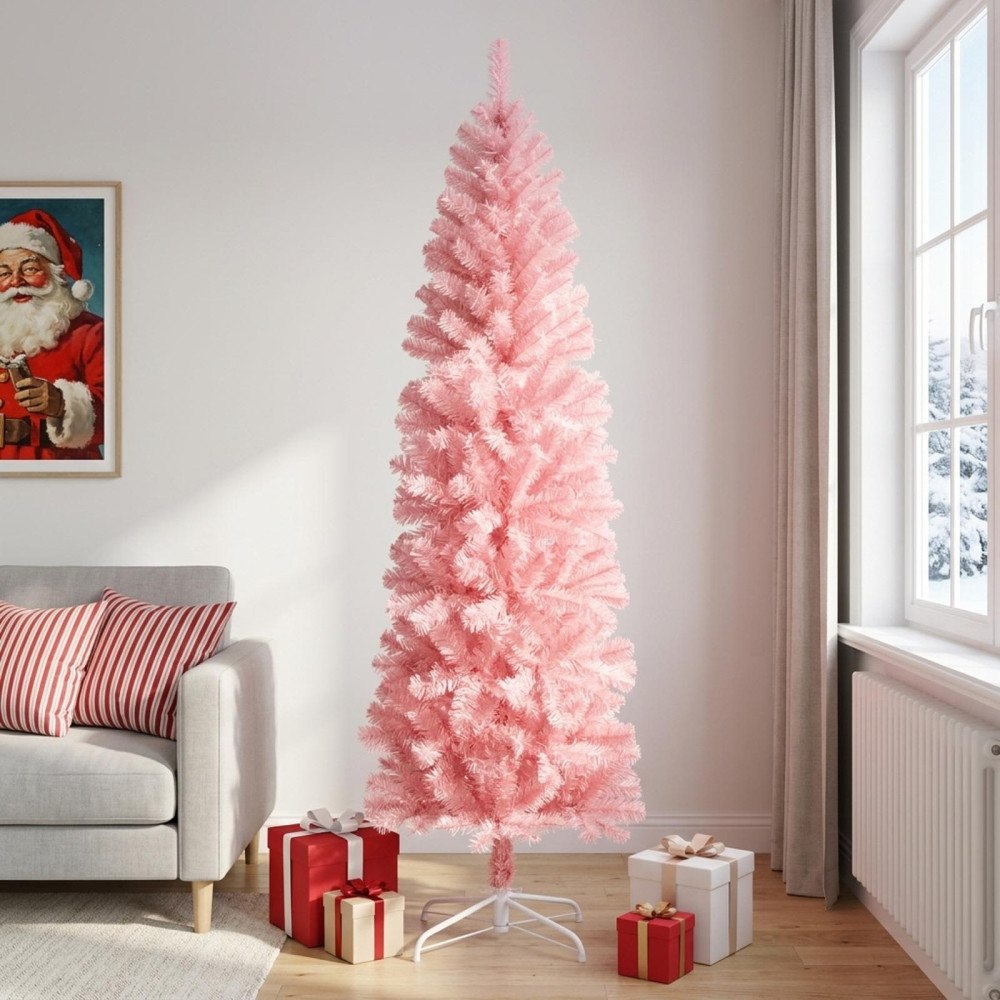 vidaXL Konstgjort smalt julträd 240 cm PVC och stål Rosa