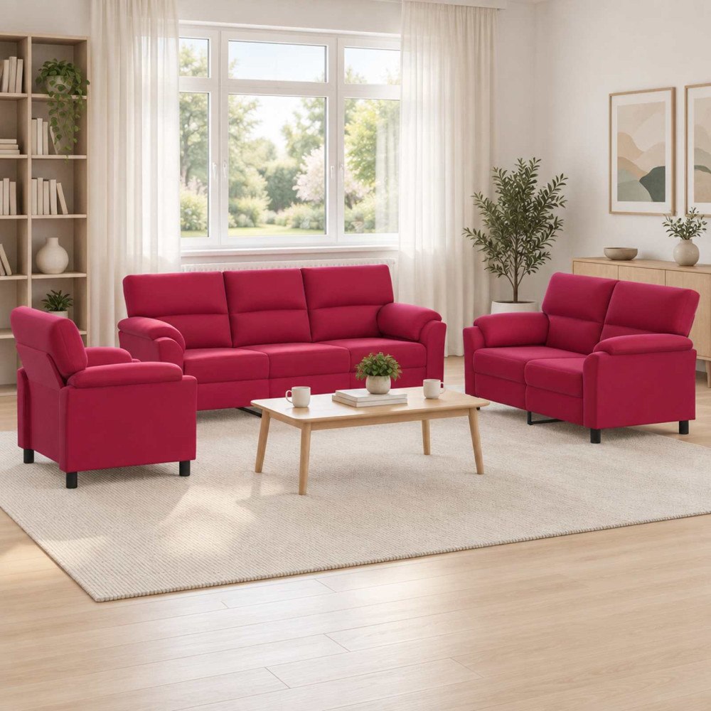 vidaXL Soffset 3 st 6-sits Vinröd 214 x 85 x 93 cm Sammet