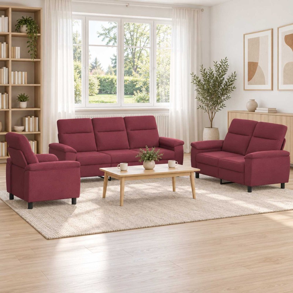 vidaXL Soffset 3 st 6-sits Vinröd 214 x 90 x 95 cm Tyg