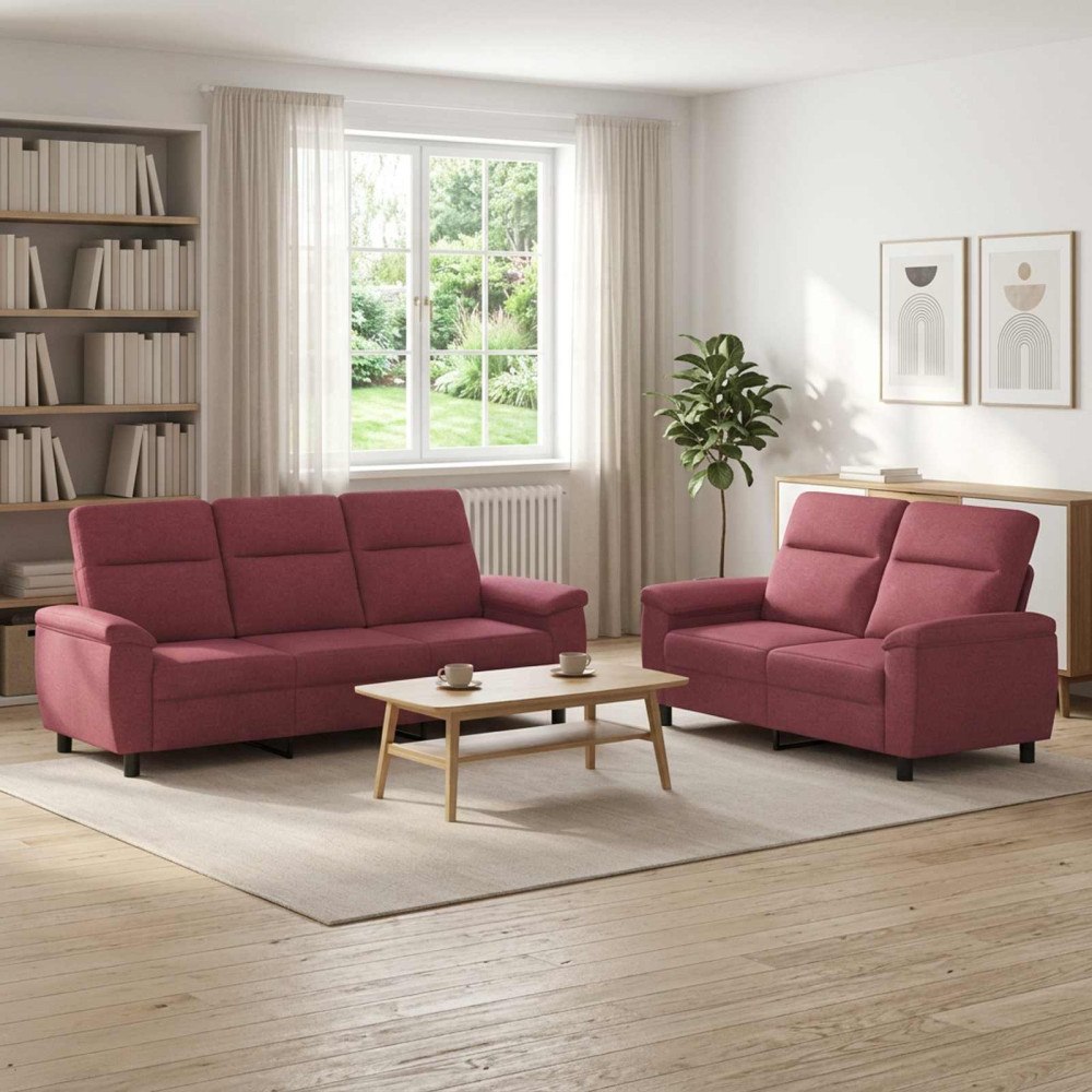 vidaXL Soffset 2 st 5-sits Vinröd 214 x 90 x 95 cm Tyg