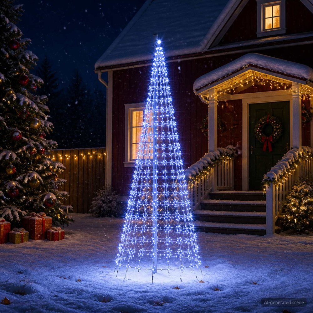 vidaXL Julgransbelysning med markspett och flaggstång 300 cm