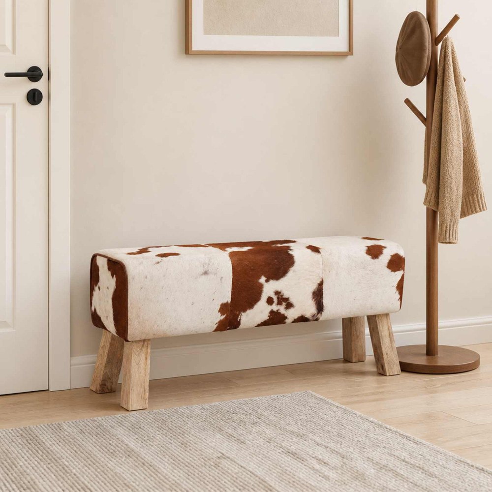 vidaXL bänk 110 x 30 x 45 cm Äkta läder Brun och vit