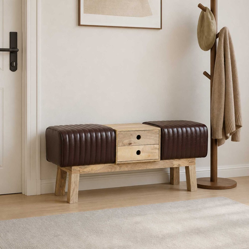 vidaXL bänk 110 x 30 x 45 cm Äkta läder Mörkbrun