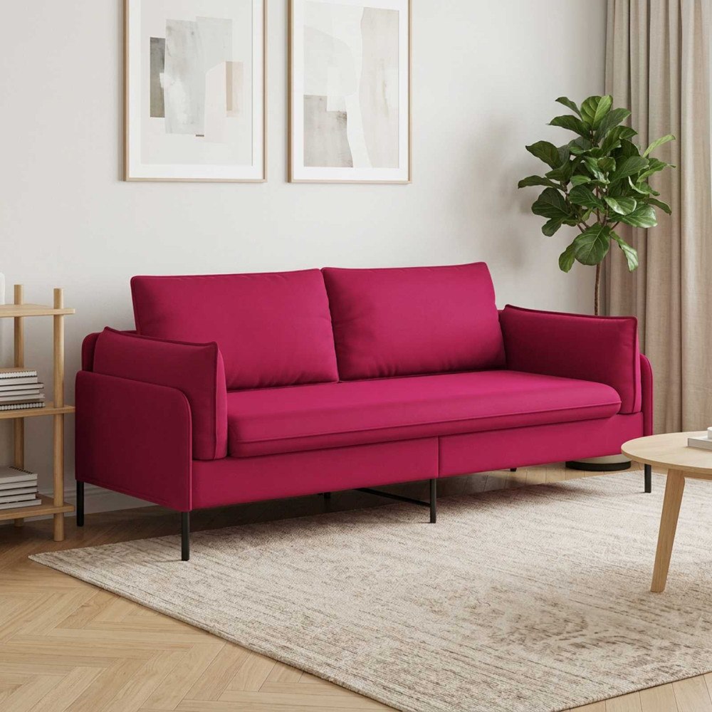vidaXL 3-Sits soffa 3-sits Vinröd 222 x 81 x 89 cm Sammet