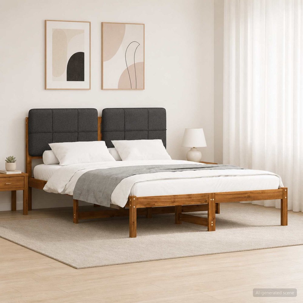 vidaXL Sängram med Klädd Huvudgavel Naturlig och mörkgrå 135 x 190 cm