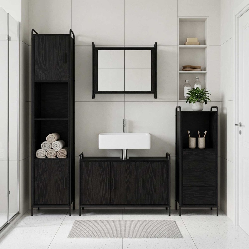 vidaXL Badrumsskåpsset 3 st Svart ek 40 x 36 x 109,5 cm