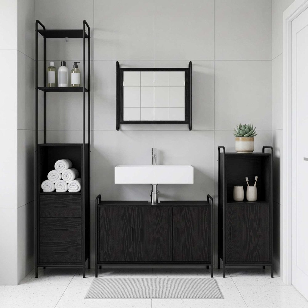 vidaXL Badrumsskåpsset 3 st Svart ek 40 x 36 x 181 cm Konstruerat trä