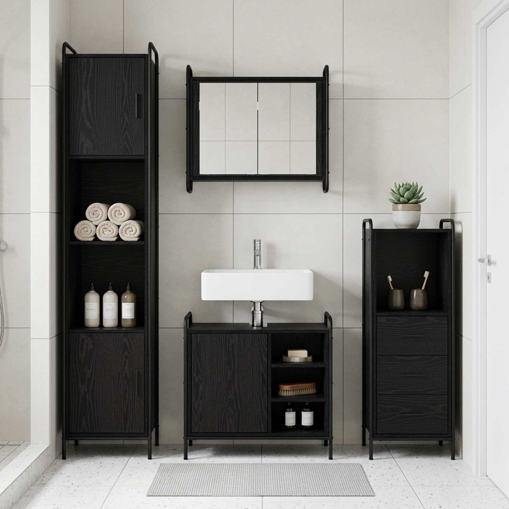 vidaXL Badrumsskåpsset 4 st Svart ek 40 x 36 x 181 cm Konstruerat trä