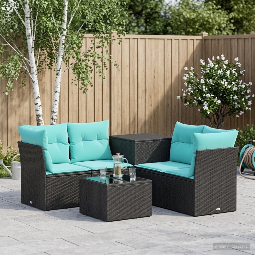 vidaXL Soffset 6 st Svart och blå 55 x 55 x 37 cm Poly Rattan och stål