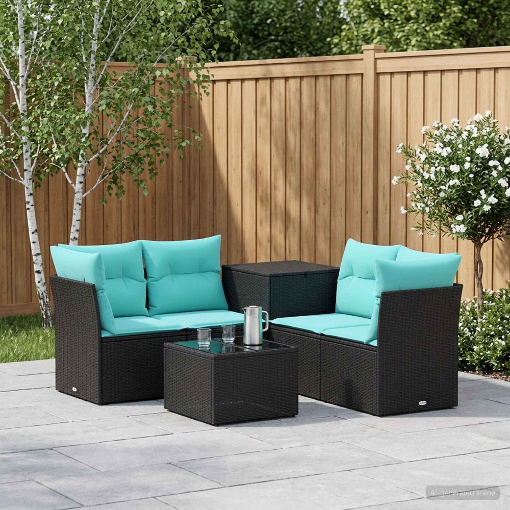 vidaXL Soffset 6 st Svart och blå 55 x 55 x 37 cm Poly Rattan och stål