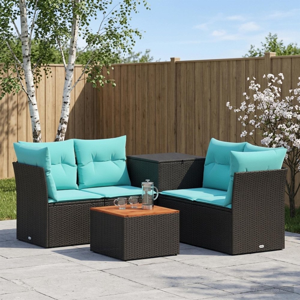 vidaXL Soffset 6 st Svart och blå 55 x 55 x 37 cm Poly Rattan och stål