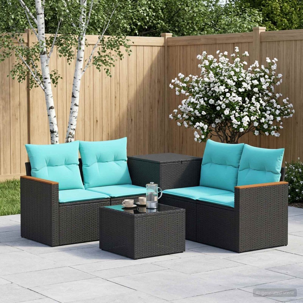 vidaXL Soffset 6 st Svart och blå 55 x 55 x 37 cm Poly Rattan och stål