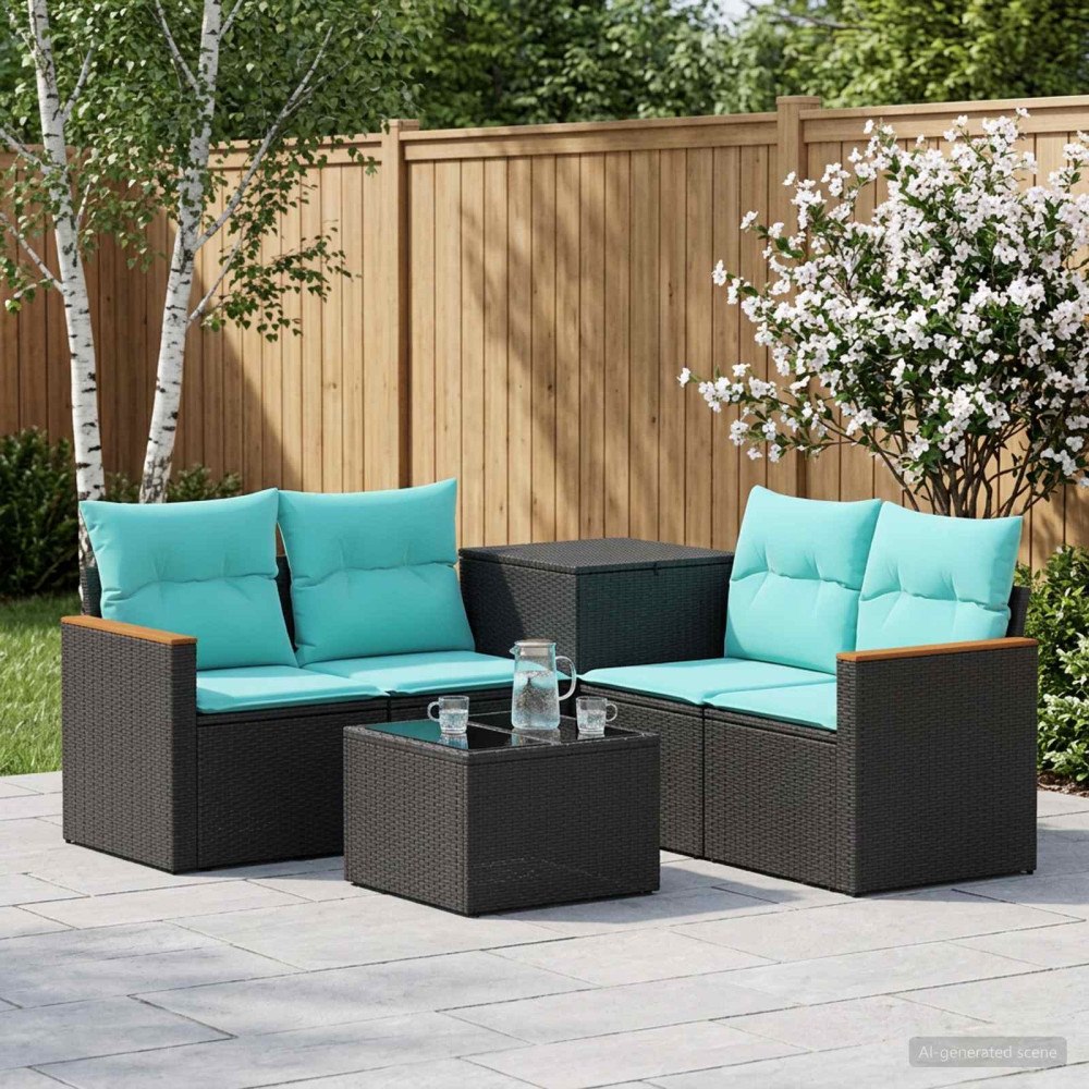 vidaXL Soffset 6 st Svart och blå 55 x 55 x 37 cm Poly Rattan och stål