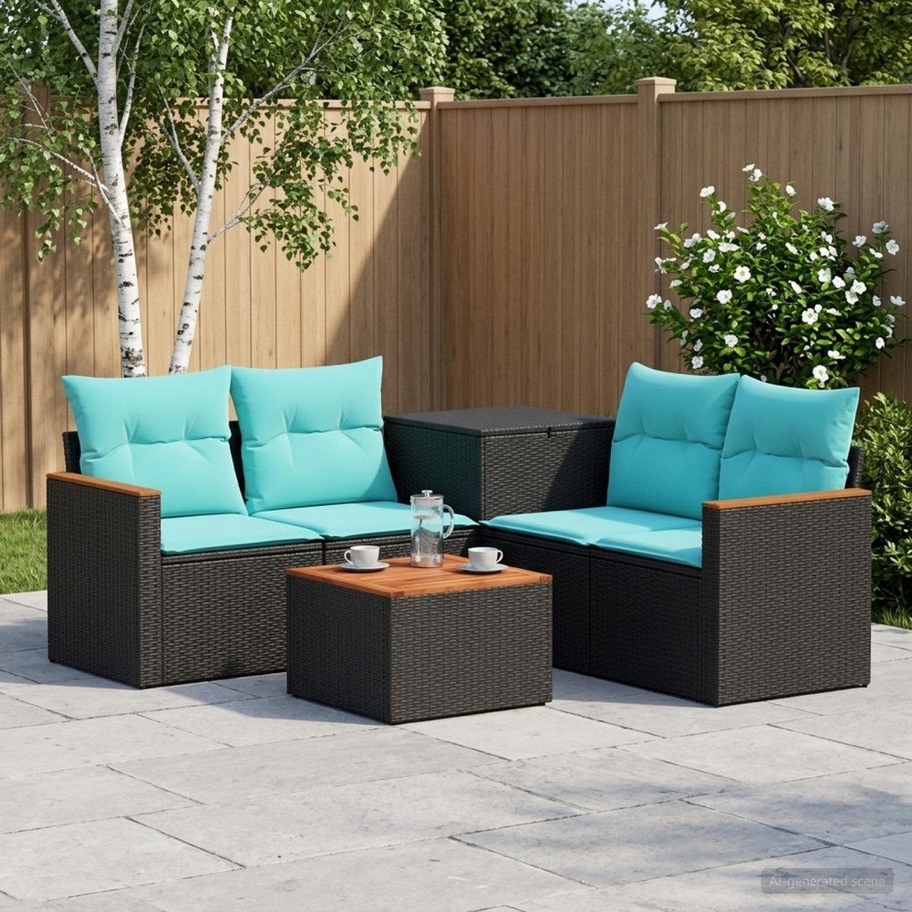 vidaXL Soffset 6 st Svart och blå 55 x 55 x 37 cm Poly Rattan och stål
