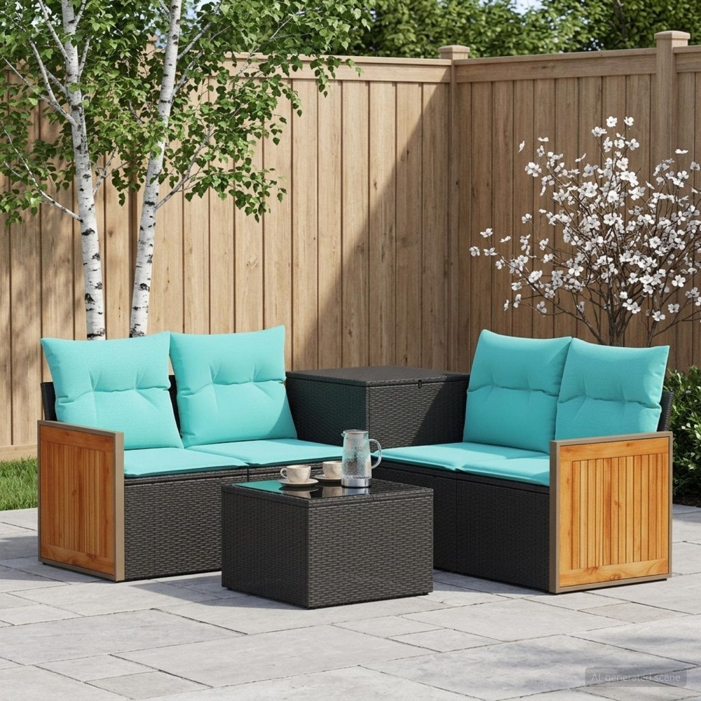 vidaXL Soffset 6 st Svart och blå 55 x 55 x 37 cm Poly Rattan och stål
