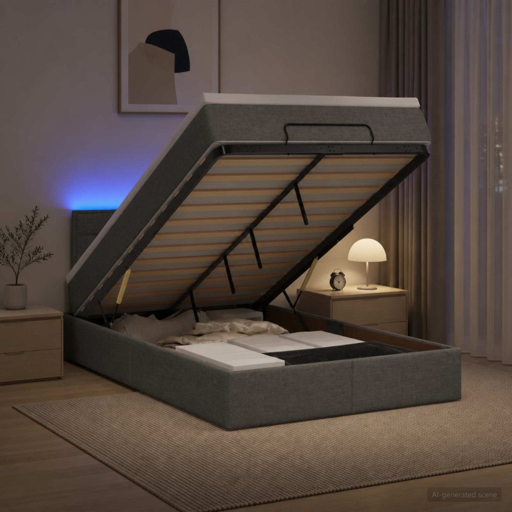 vidaXL Ottoman-säng med madrass och LED Mörkgrå 120 x 190 cm Tyg