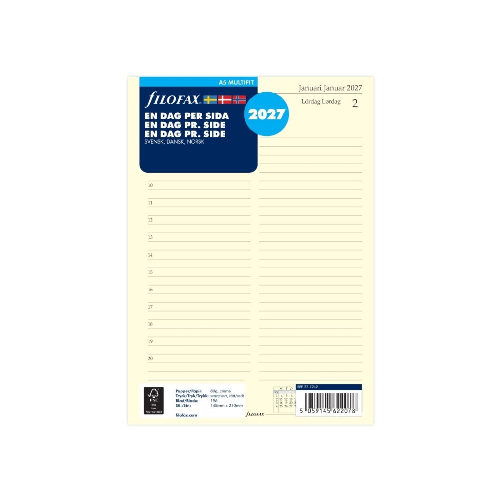 Filofax Filofax A5 kalenderrefill 2027, en dag per sida, svenska/dan...