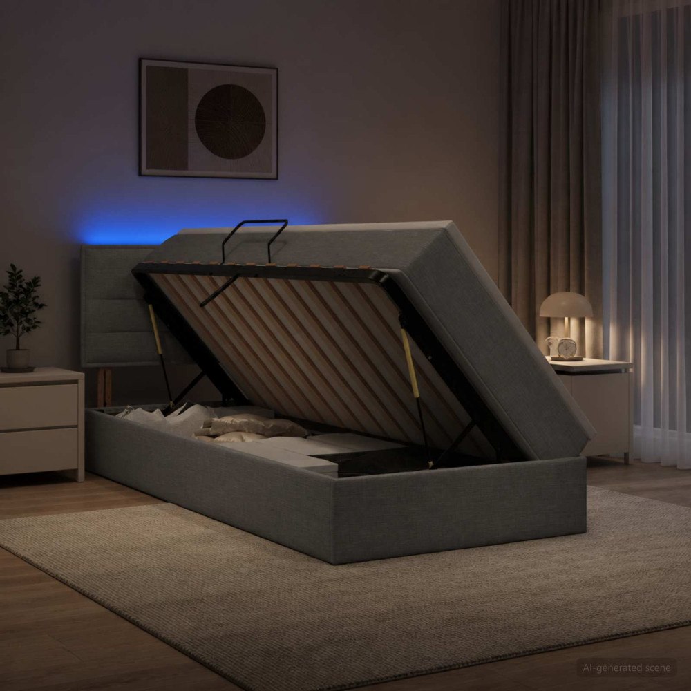 vidaXL LED förvaringssäng med madrass Ljusgrå 100 x 200 cm Tyg