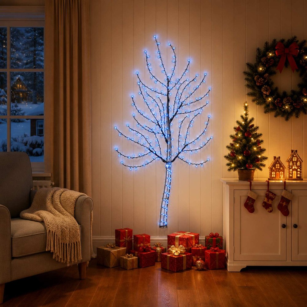 vidaXL LED-julgran för vägg 150 cm 140 LED-lampor Blå Stål Svart