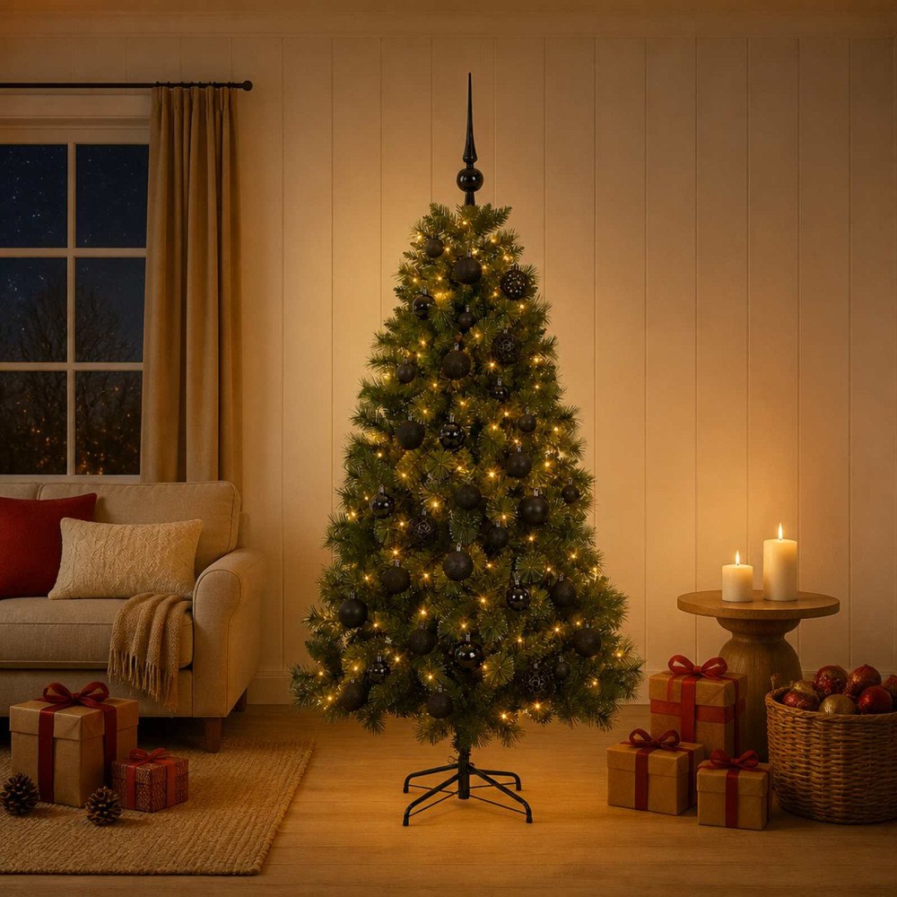 vidaXL Konstgjord julgran med julkulor 120 cm 150 LED-lampor Varmvit