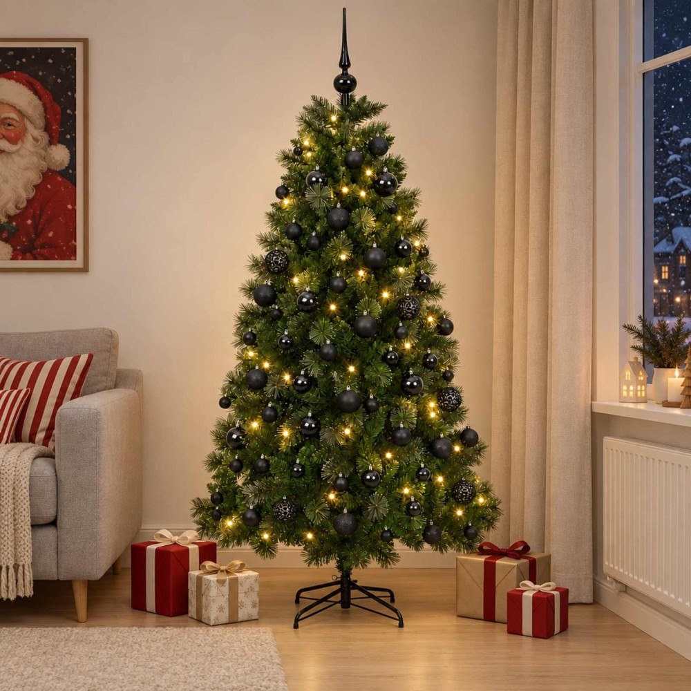 vidaXL Konstgjord julgran med julgranskulor 210 cm 300 LED-lampor