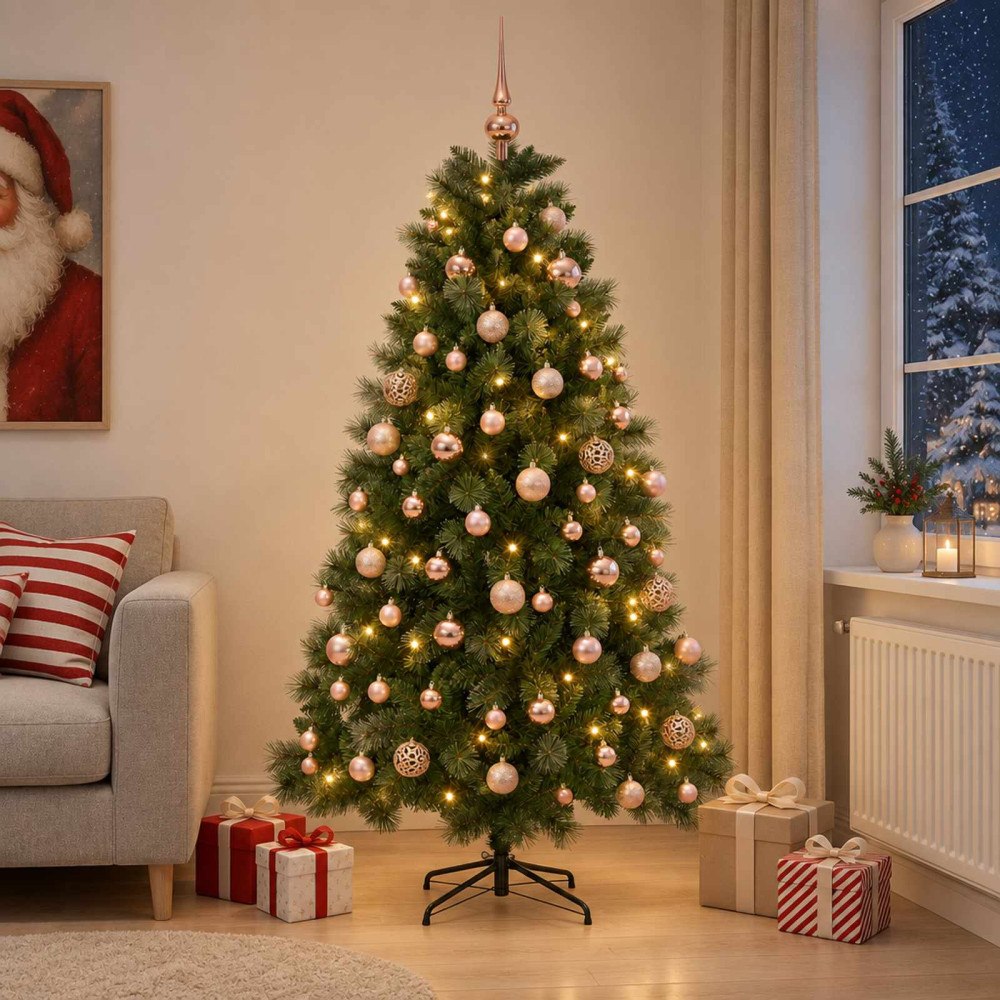 vidaXL Konstgjord julgran med julkulor 210 cm 300 LED-lampor Varmvit