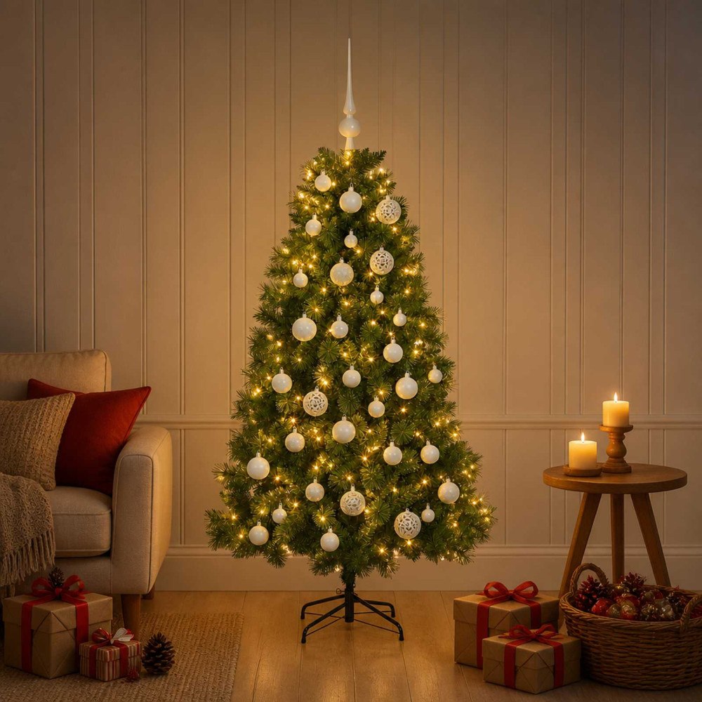 vidaXL Konstgjord julgran med julgranskula 150 cm 150 LED-lampor