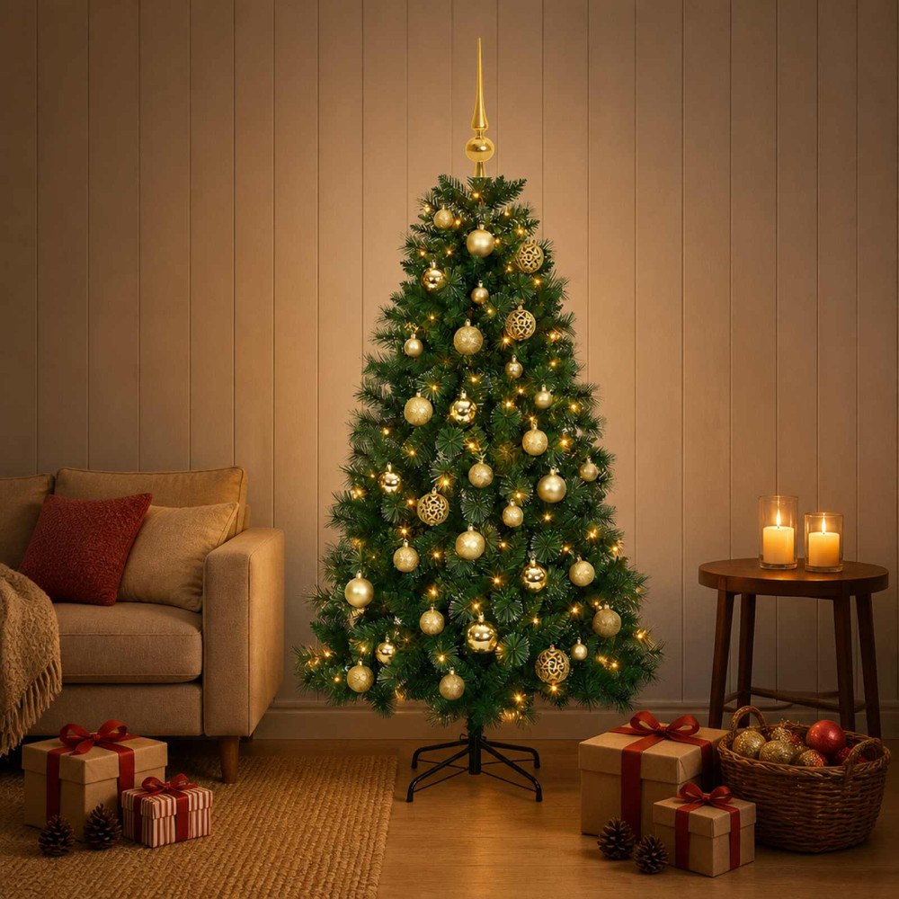 vidaXL Konstgjord julgran med julgranskulor 150 cm 150 LED-lampor