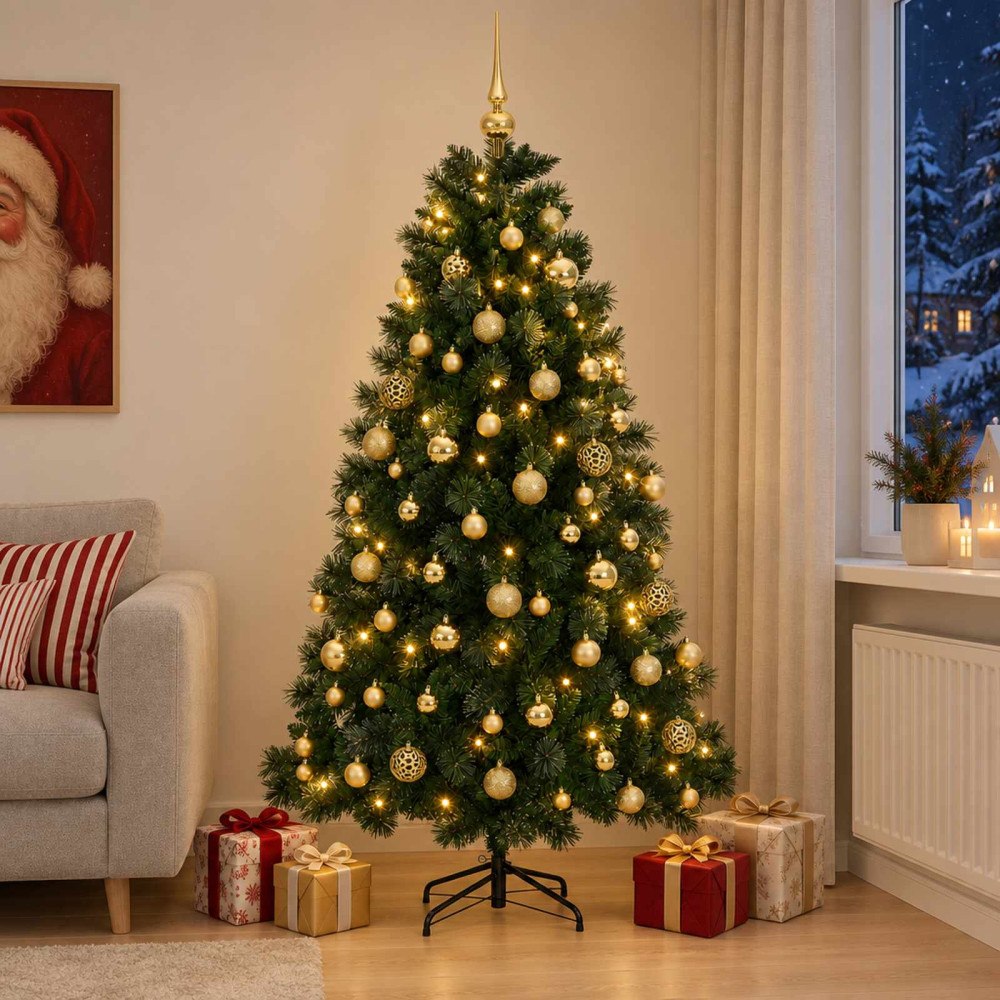 vidaXL Konstgjord julgran med julgranskulor 210 cm 300 LED-lampor