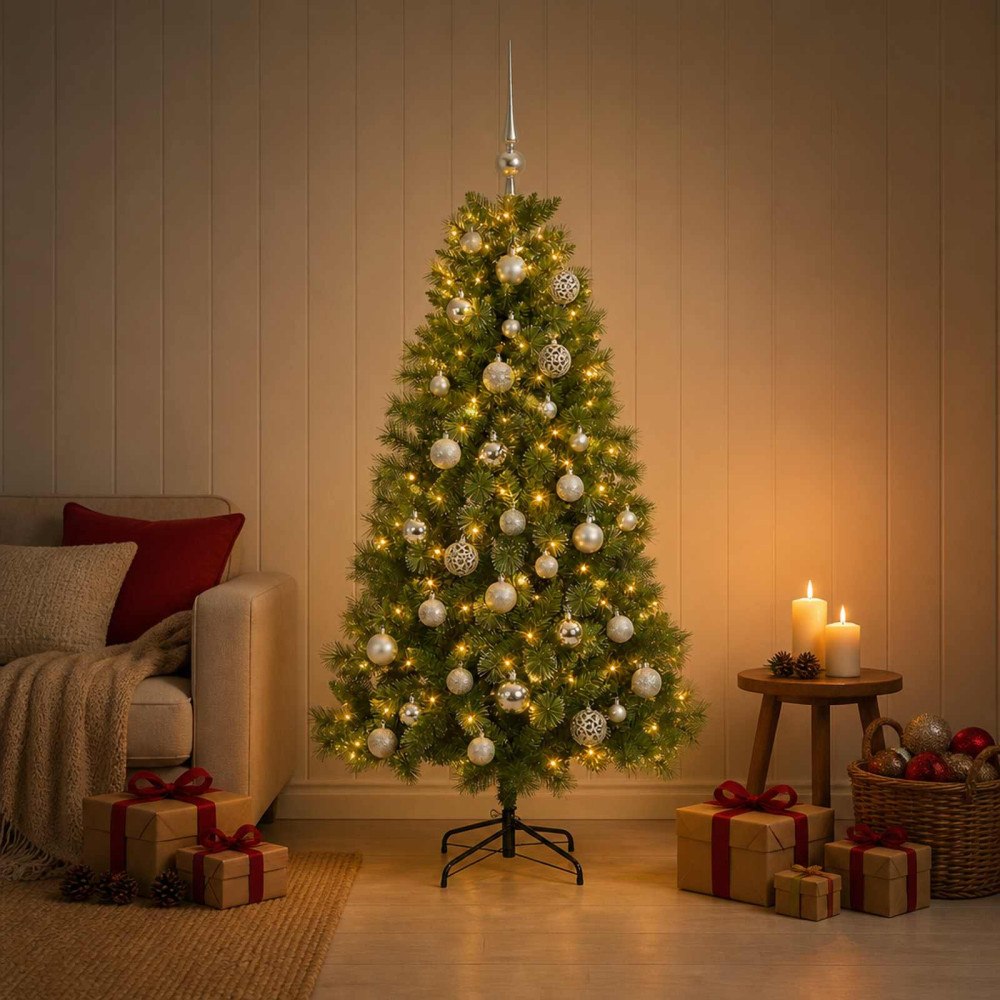 vidaXL Konstgjord julgran med julgranskula 150 cm 150 LED-lampor