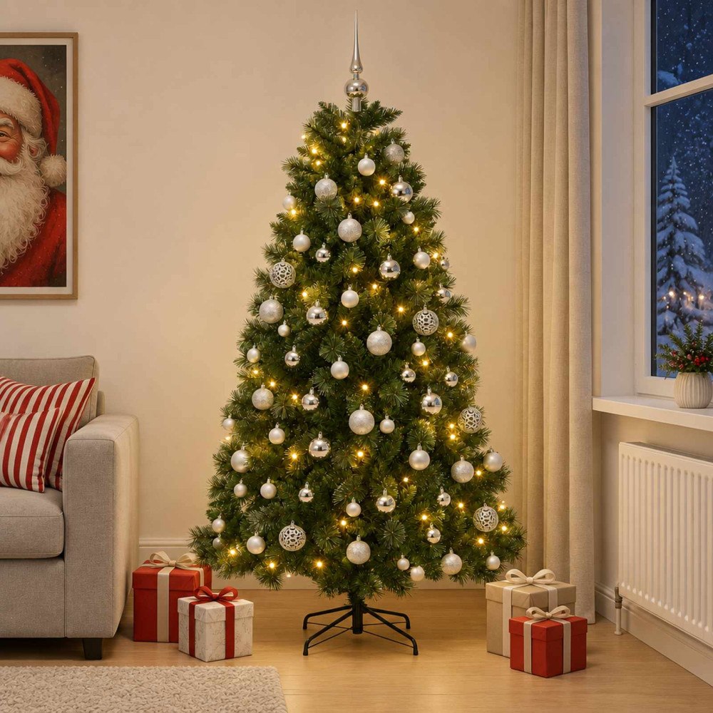 vidaXL Konstgjord julgran med julkulor 240 cm 300 LED-lampor Varmvit