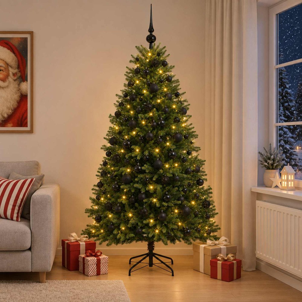 vidaXL Konstgjord julgran med kulor 210 cm 300 LED-lampor Varmvit