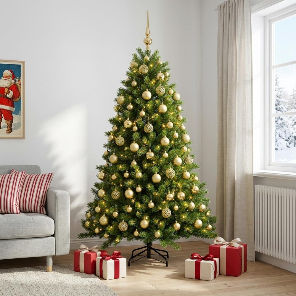 vidaXL Konstgjord julgran med kulor 180 cm 300 LED-lampor Varmvit