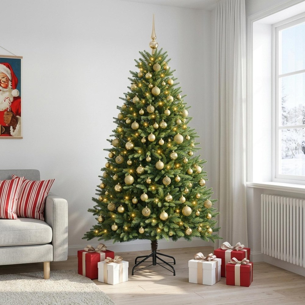 vidaXL Konstgjord julgran med kulor 210 cm 300 LED-lampor Varmvit