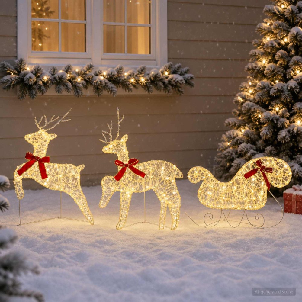 vidaXL Julren med släde 3 st 60 LED-lampor Varmvit 150 x 19 x 65 cm