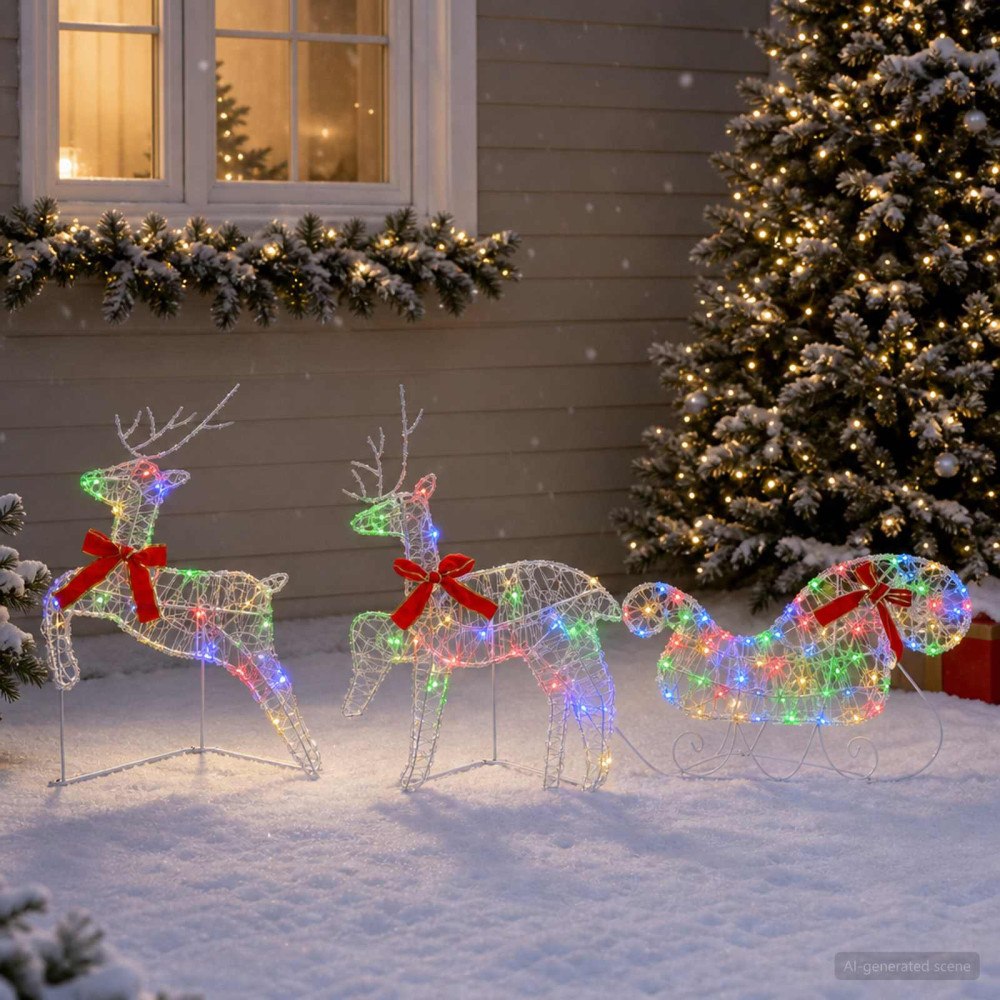 vidaXL Julren med släde 3 st 60 LED-lampor Mångfärgad 150 x 19 x 65 cm