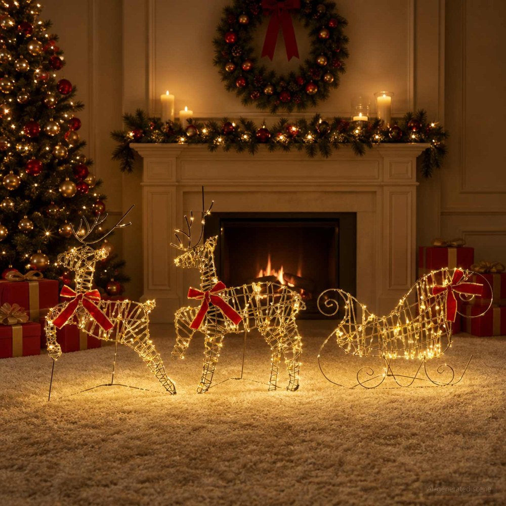 vidaXL Julren med släde 3 st 60 LED-lampor Varmvit 150 x 19 x 65 cm