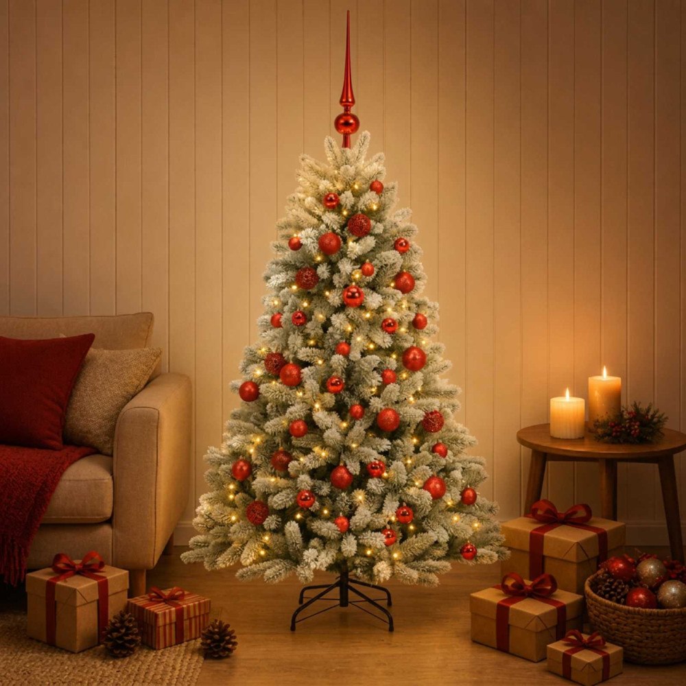 vidaXL Konstgjord julgran med kulor 120 cm 150 LED-lampor Varmvit