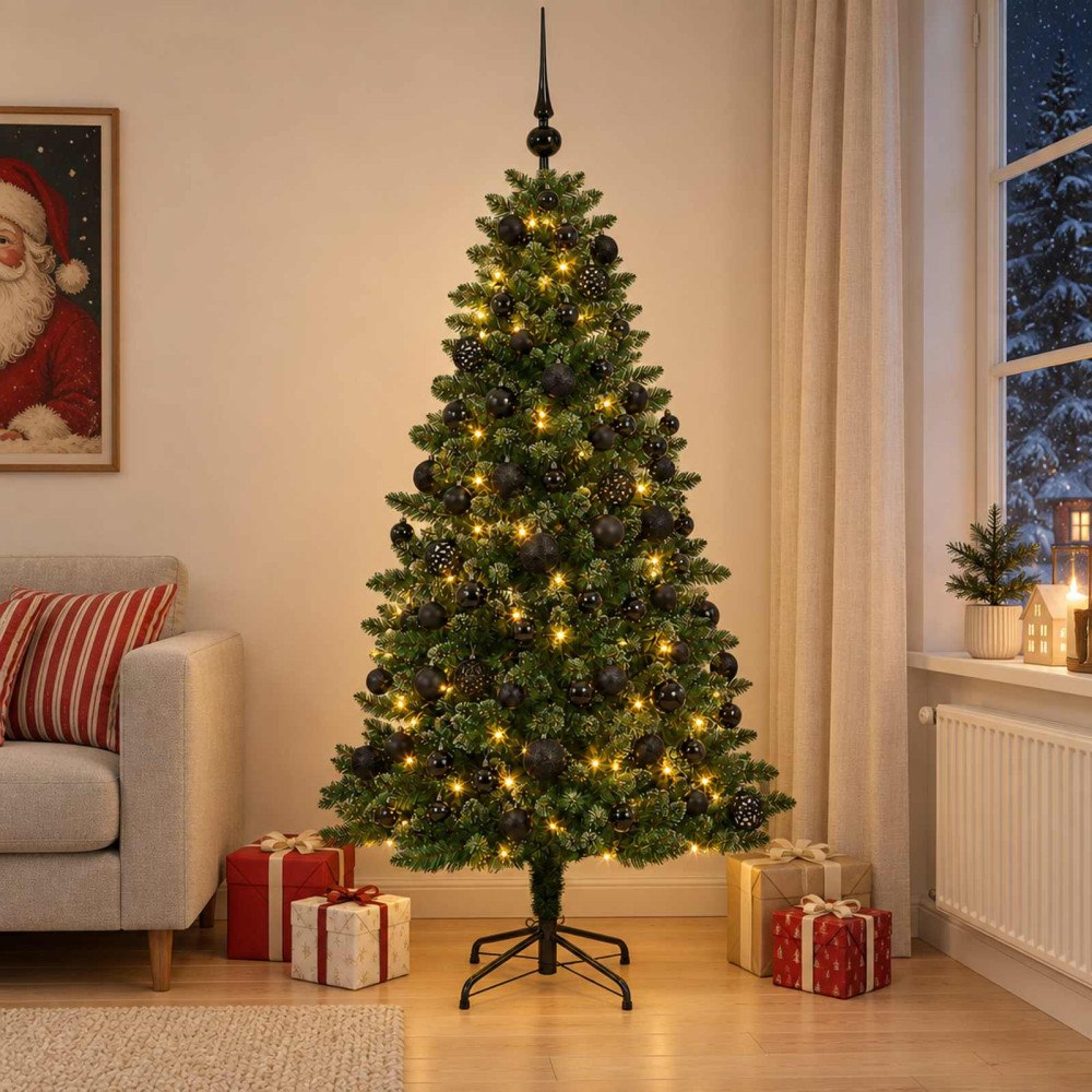 vidaXL Konstgjord julgran med kulor 210 cm 300 LED-lampor Varmvit