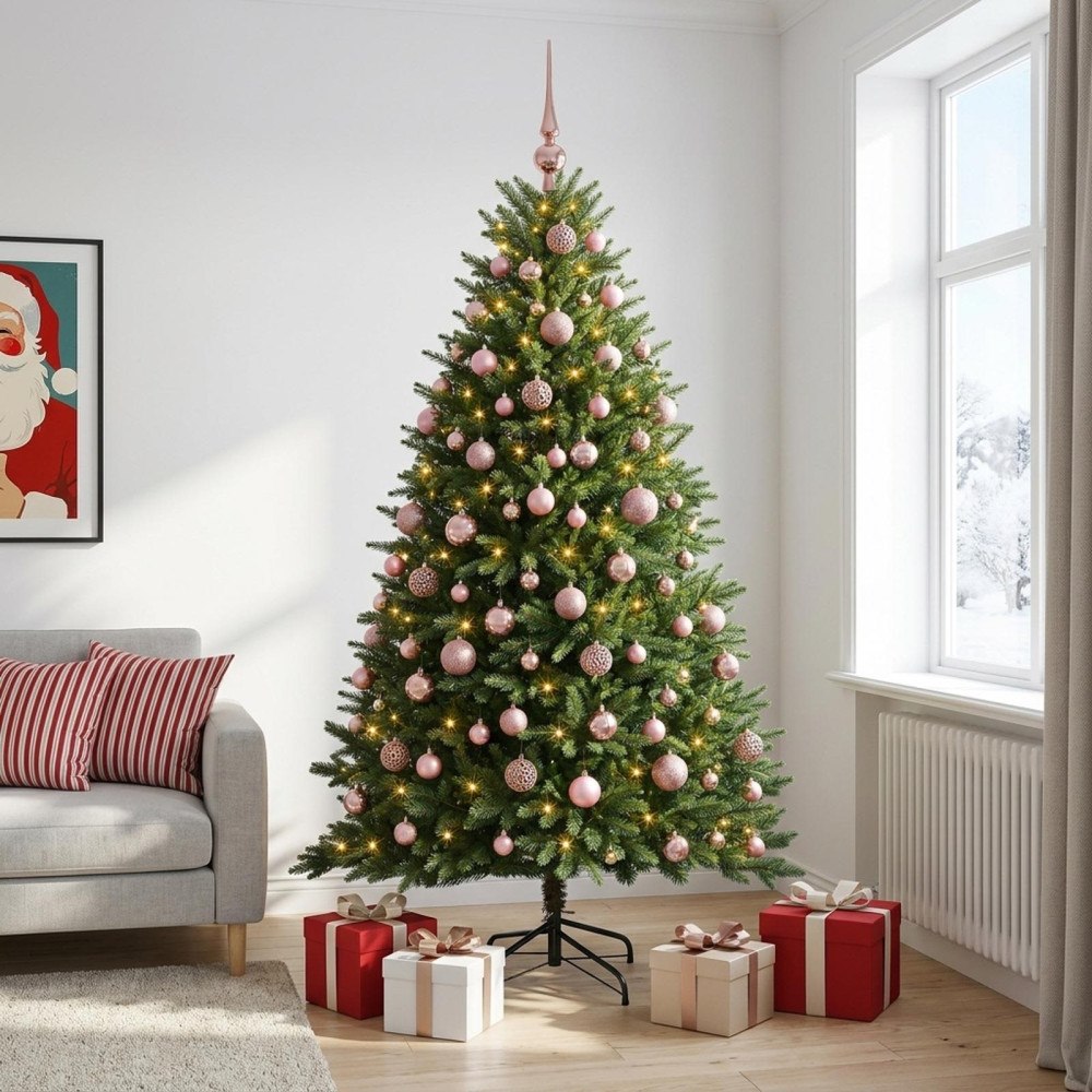 vidaXL Konstgjord julgran med kulor 240 cm 300 LED-lampor Varmvit
