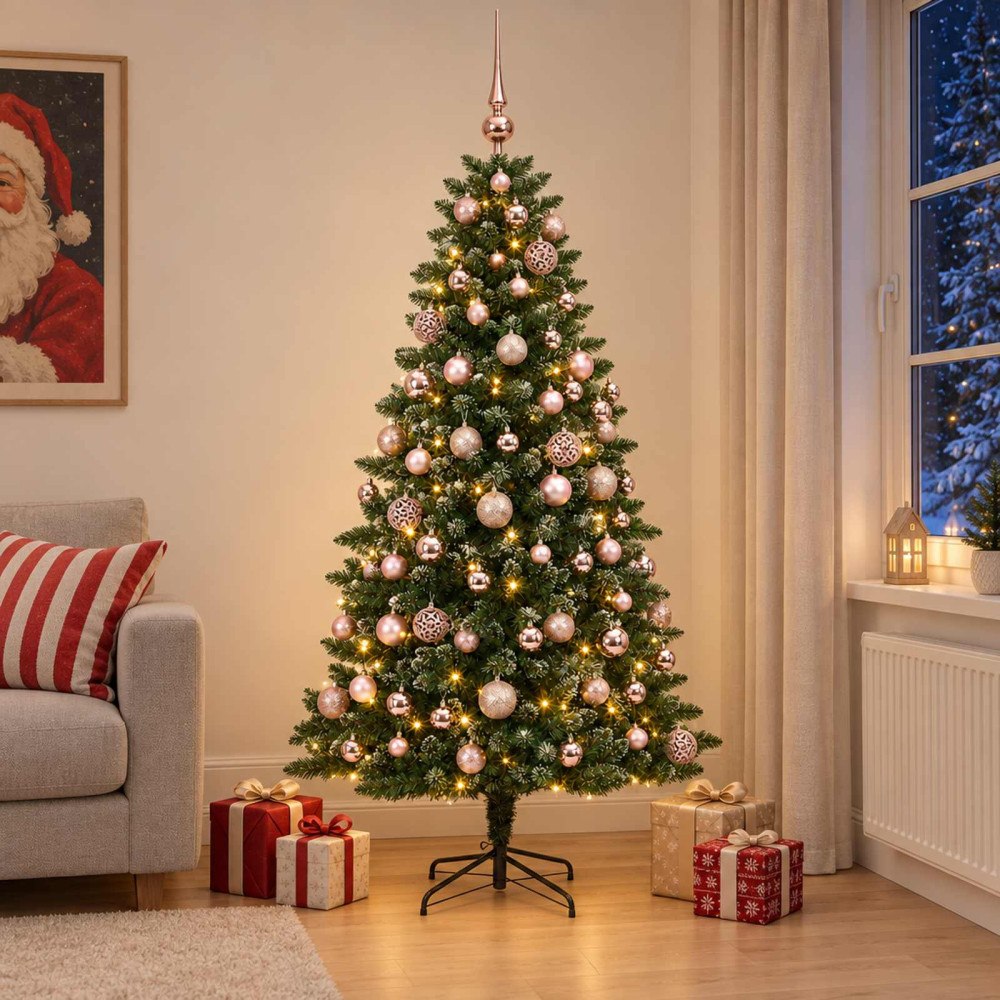 vidaXL Konstgjord julgran med kulor 210 cm 300 LED-lampor Varmvit