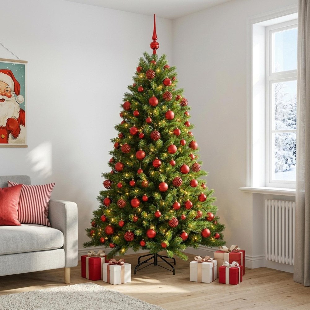 vidaXL Konstgjord julgran med kulor 210 cm 300 LED-lampor Varmvit
