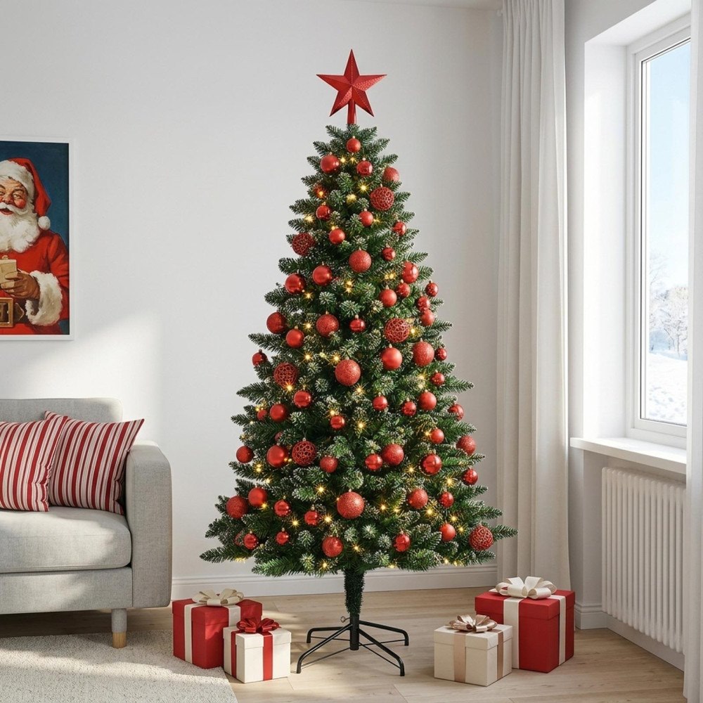 vidaXL Konstgjord julgran med kulor 210 cm 300 LED-lampor Varmvit