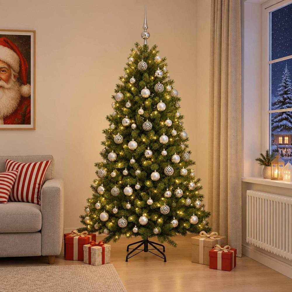 vidaXL Konstgjord julgran med kulor 240 cm 300 LED-lampor Varmvit
