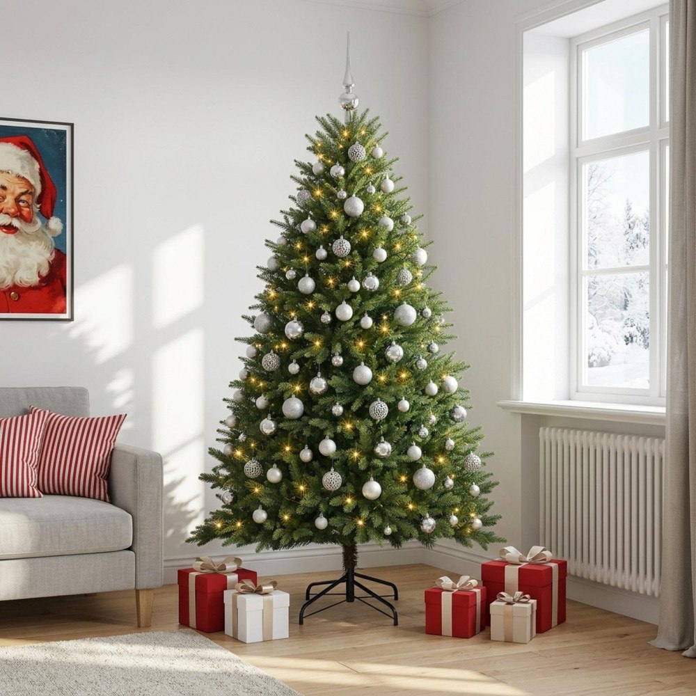 vidaXL Konstgjord julgran med kulor 240 cm 300 LED-lampor Varmvit