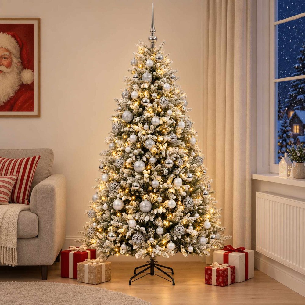 vidaXL Konstgjord julgran med kulor 210 cm 300 LED-lampor Varmvit