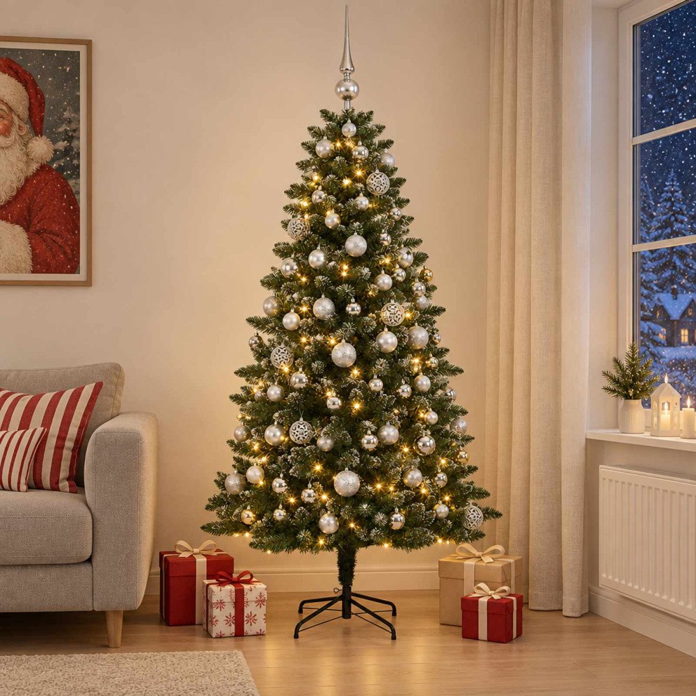 vidaXL Konstgjord julgran med kulor 210 cm 300 LED-lampor Varmvit