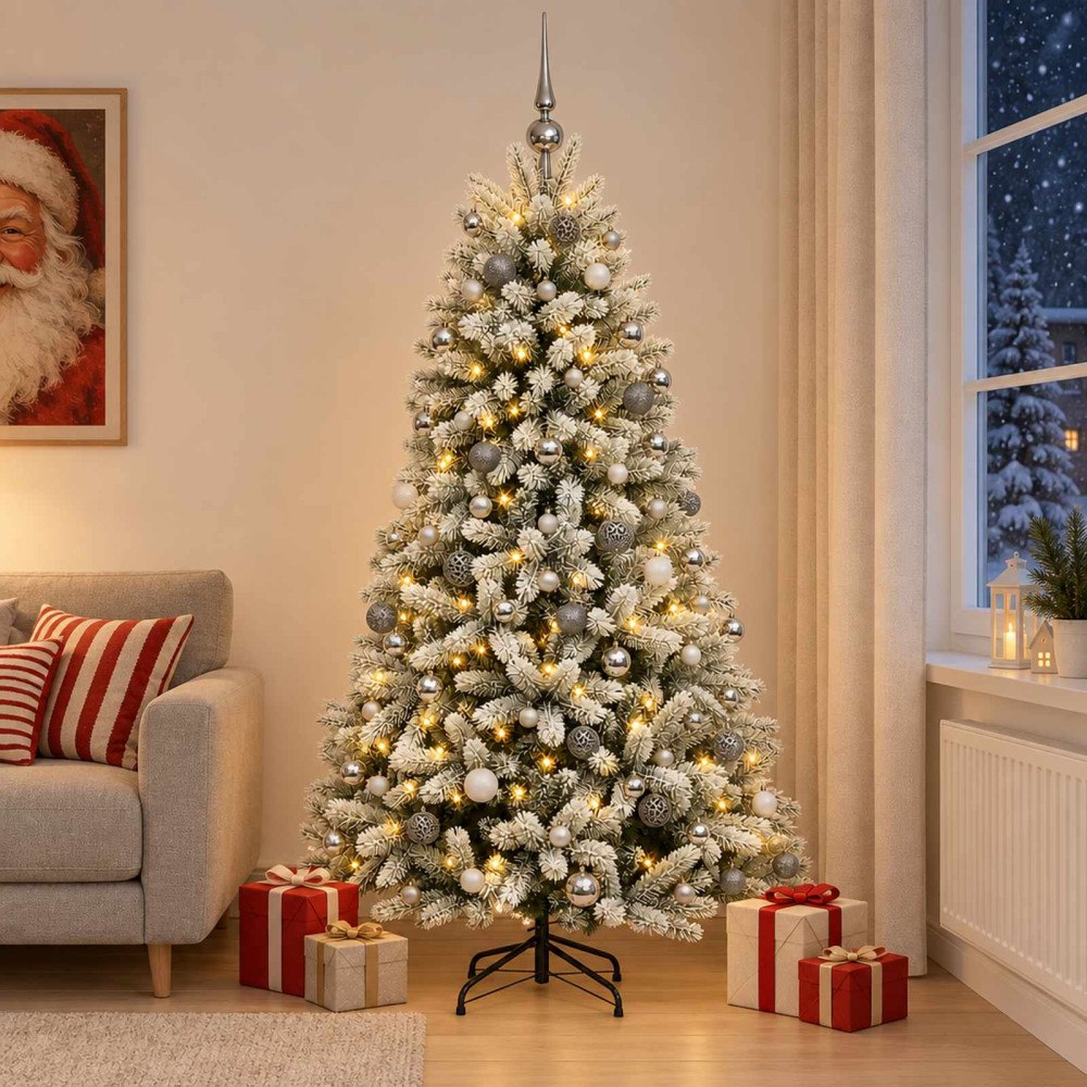 vidaXL Konstgjord julgran med kulor 180 cm 300 LED-lampor Varmvit