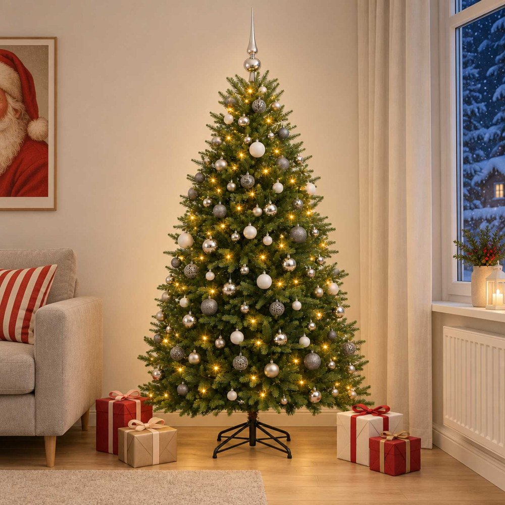 vidaXL Konstgjord julgran med kulor 240 cm 300 LED-lampor Varmvit