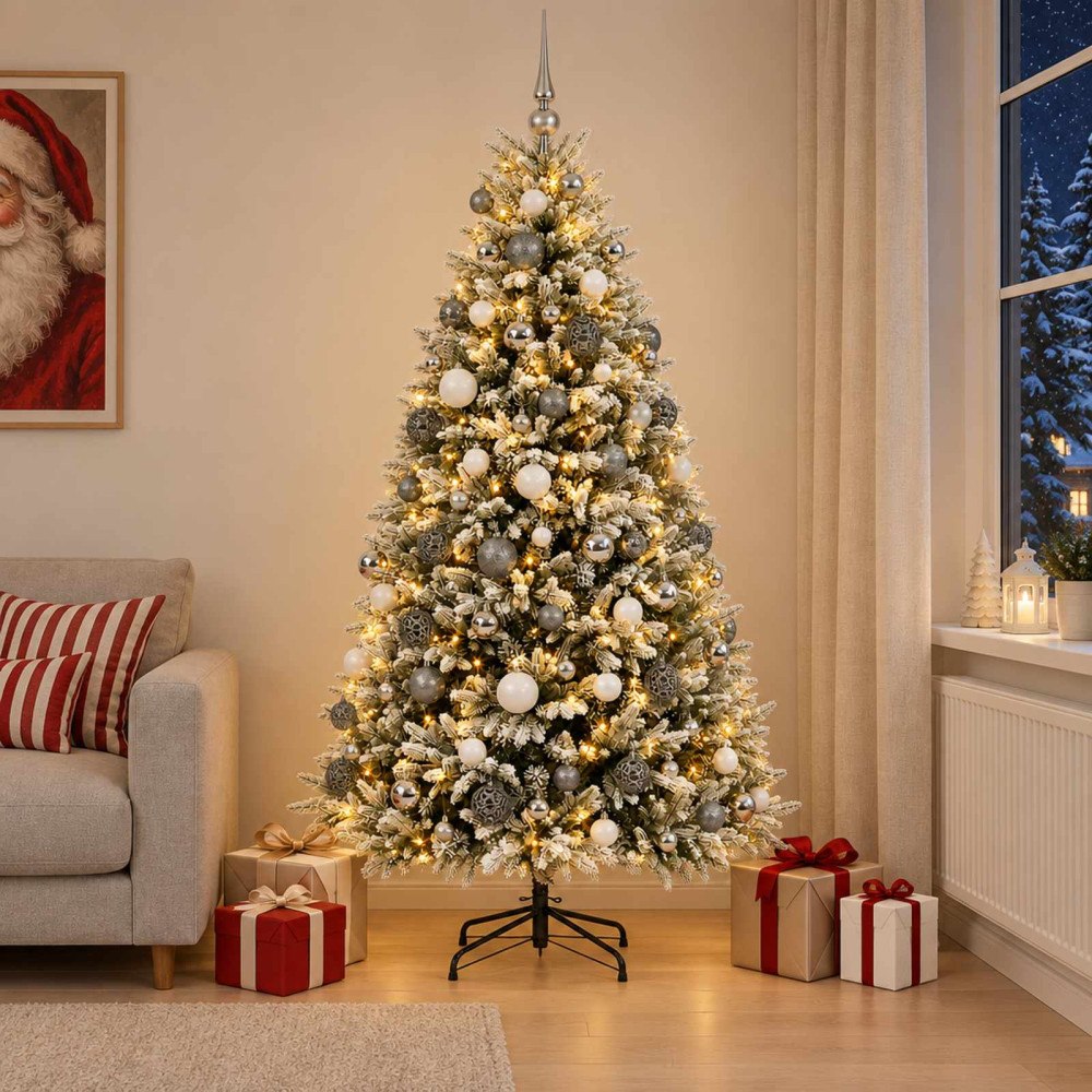 vidaXL Konstgjord julgran med kulor 180 cm 300 LED-lampor Varmvit